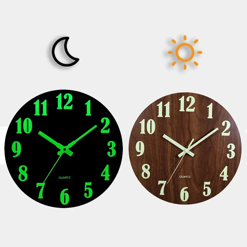 10 Inch Luminous Wall Clock Wood Silent Light in Dark Night Nordic Fashion Wall Clock Non Ticking Clock with Night Light Tools