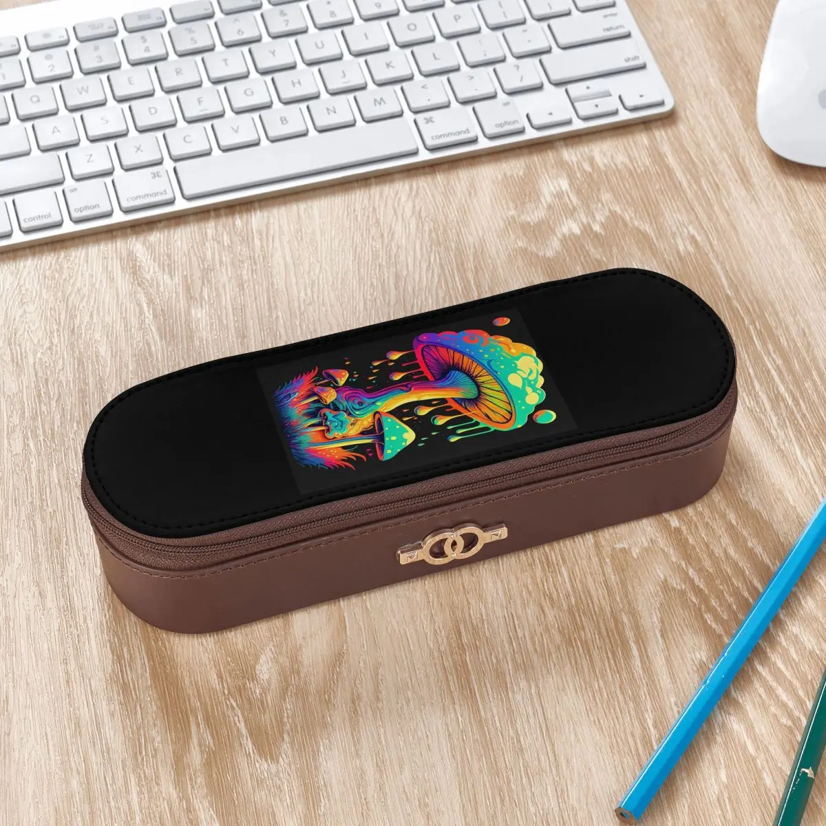 Mystical Fungi Magic Mushroom Psychedelic Leather Pencil Cases Pencil Pouch Storage Stationery Supplies Pen Box