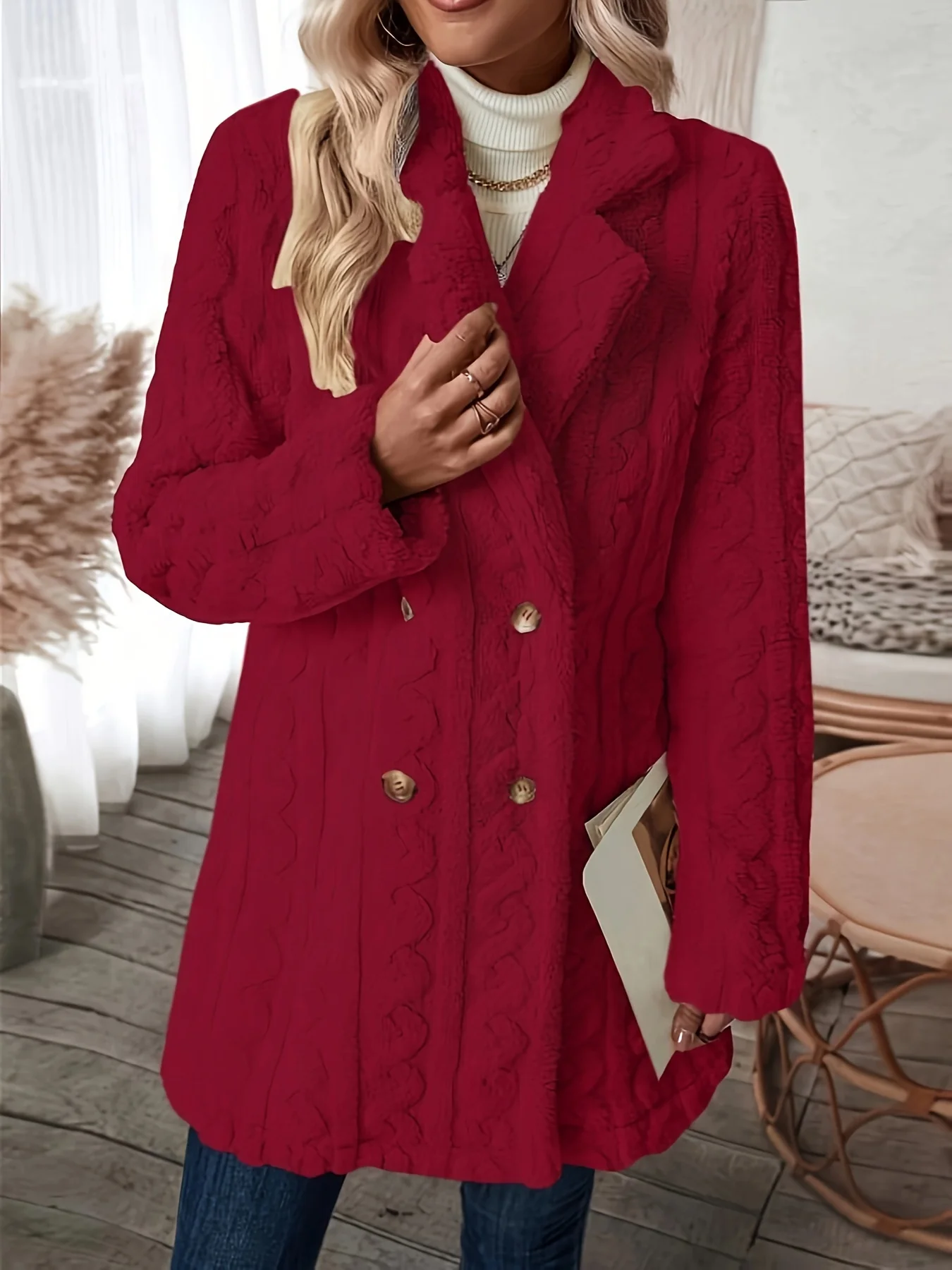 Stylish Double Breasted Teddy Coat - Soft Textured Thermal Long Sleeve Winter Outwear with Versatile Lapel Design - Women's Warm