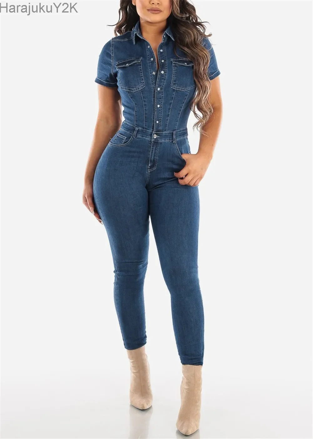 Macacão jeans azul casual feminino, jeans skinny, macacão elástico, gola virada para baixo, macacão sexy