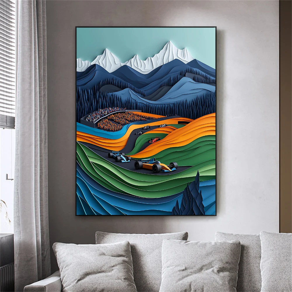 Formula 1 Racing Art Print Dynamic F1 Cars Speeding Through Mountainous Circuit Poster Motorsport Wall Decor Canvas Painting