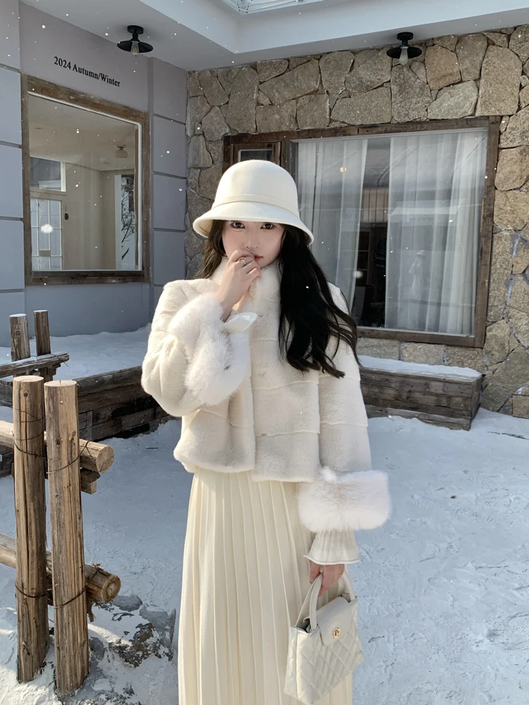 Manteau ample en Faux poils de vison pour femme, col rond, manchettes en fausse fourrure de renard, manches longues, vêtements d'extérieur courts et doux, automne et hiver