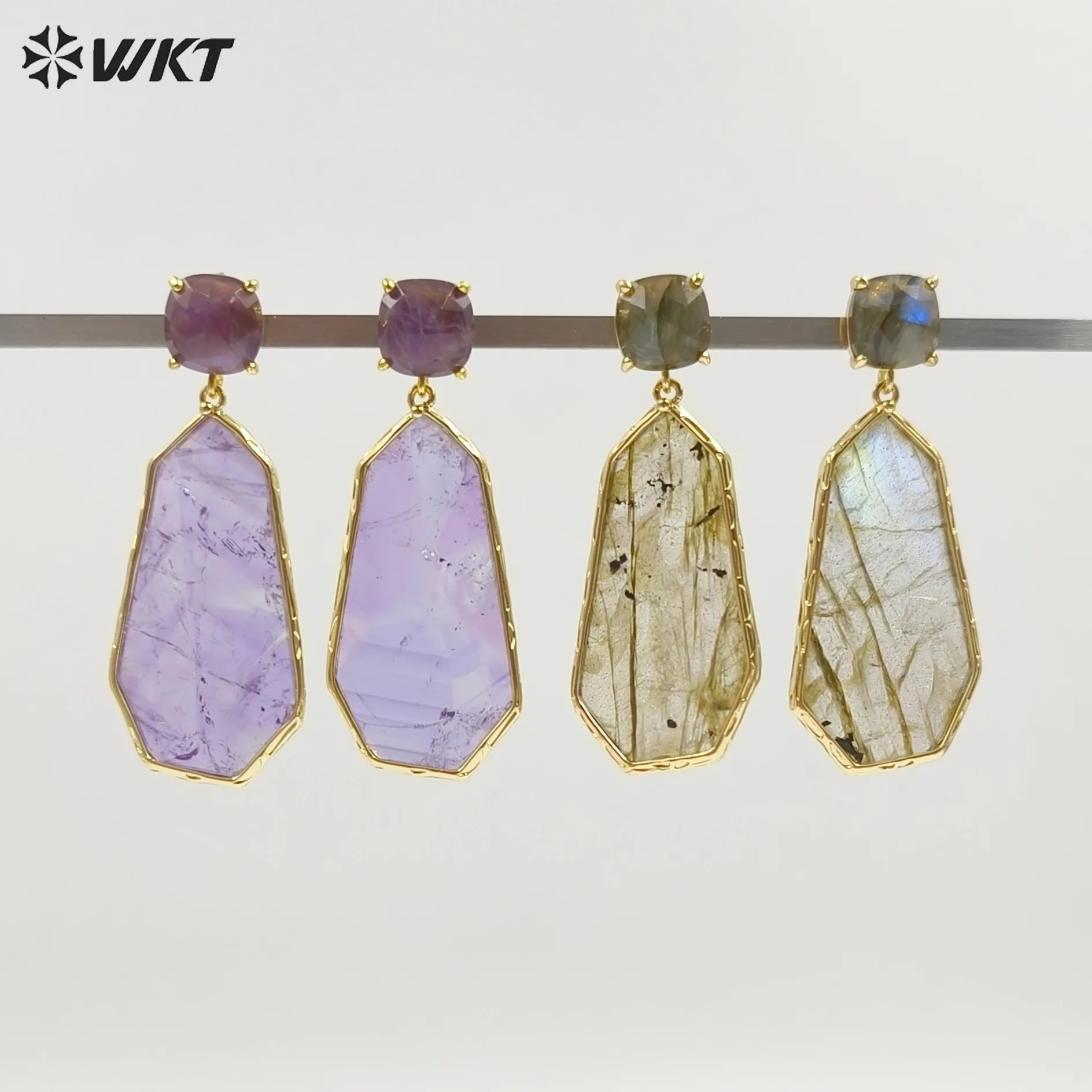WT-E826 Factory Wholesale Gold Plated Colorful Natural Gemstones Long Earrings For Female Party Wearing Jewelry Accessory