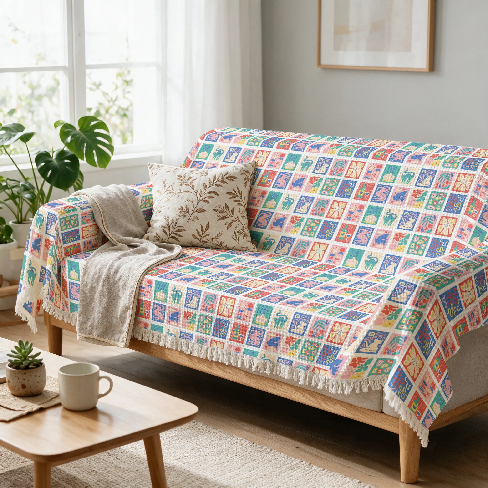 Boho Patchwork Geometric Sofa Throw Blanket Cover for Couch Cushion Seating Area Living Room Decorative Home Decor Gift