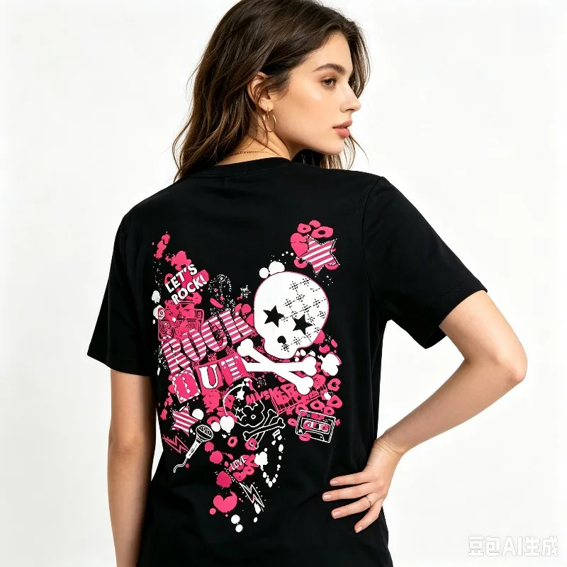 LET'S ROCK OUT Skull Rock Music T‑Shirt Women 100% Cotton Back Print Vintage Retro Punk Graphic Tee For Music Lover Casual
