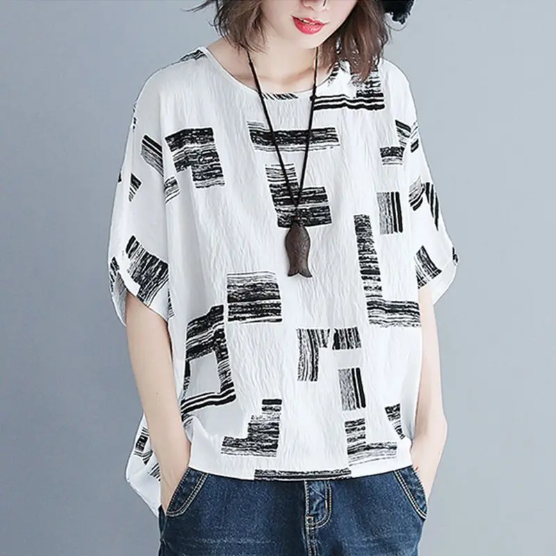 Women Summer Vintage Cotton and Linen Loose Fashion O-neck Short Sleeve T-Shirt Women Clothes Casual All-match Appear Thin Tops