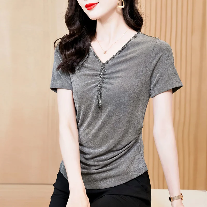 New Summer Women Tops V-neck Studded Beaded Knitted Shirt Solid color Slim fit Casual Short sleeved T shirt