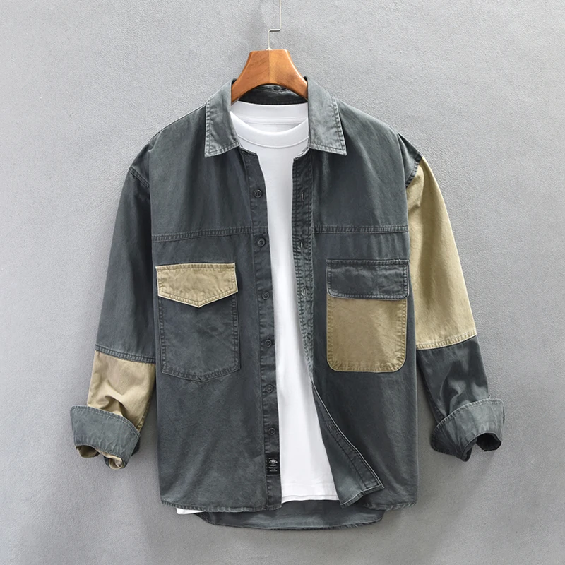 Spring Summer New Cargo Casual Patchwork Shirt Men Big Pockets 100% Cotton Four Seasons Men Clothing Oversize
