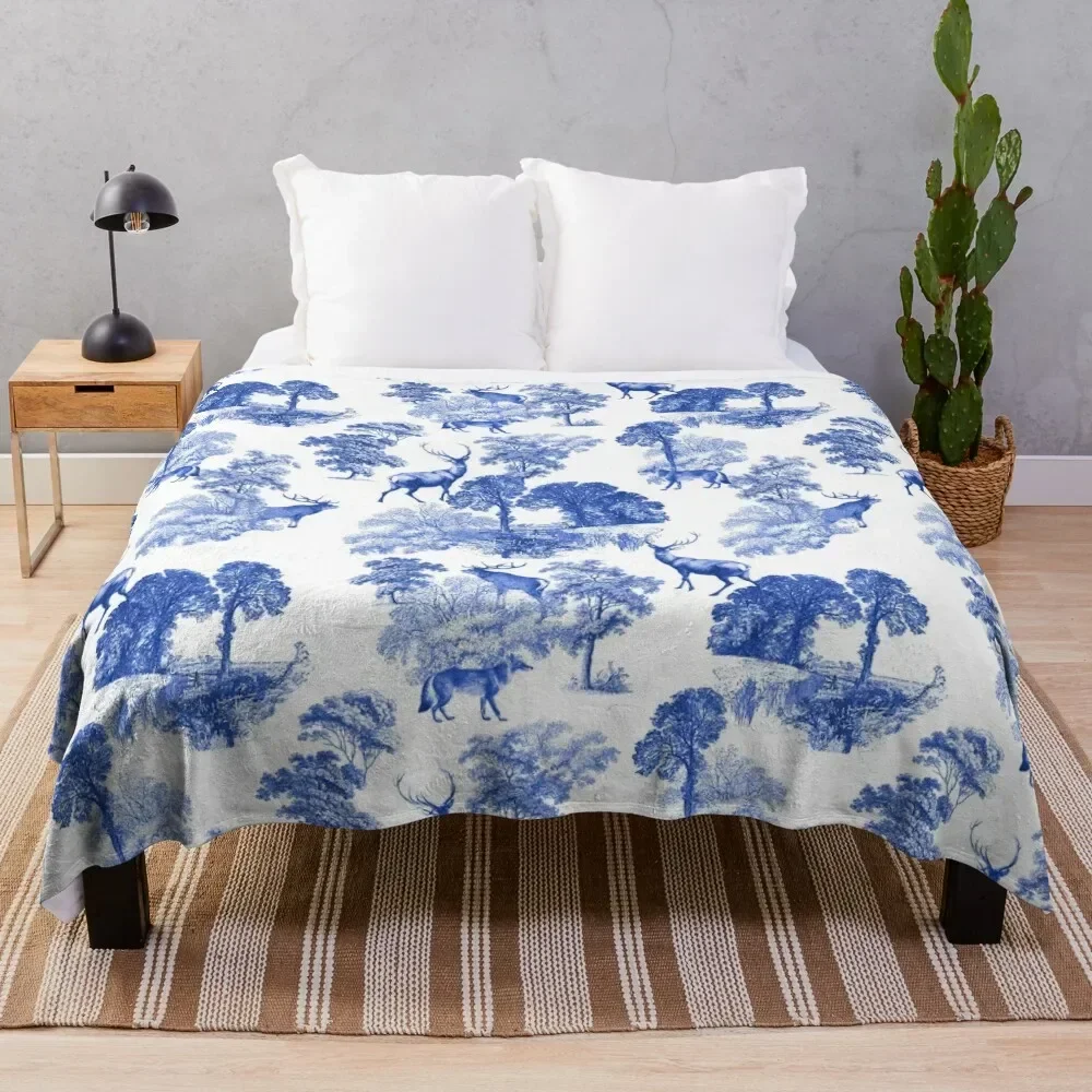 

Classic Blue French Toile Deer in Forest Countryside Pattern Throw Blanket valentine gift ideas Flannel Fabric sofa bed Blankets