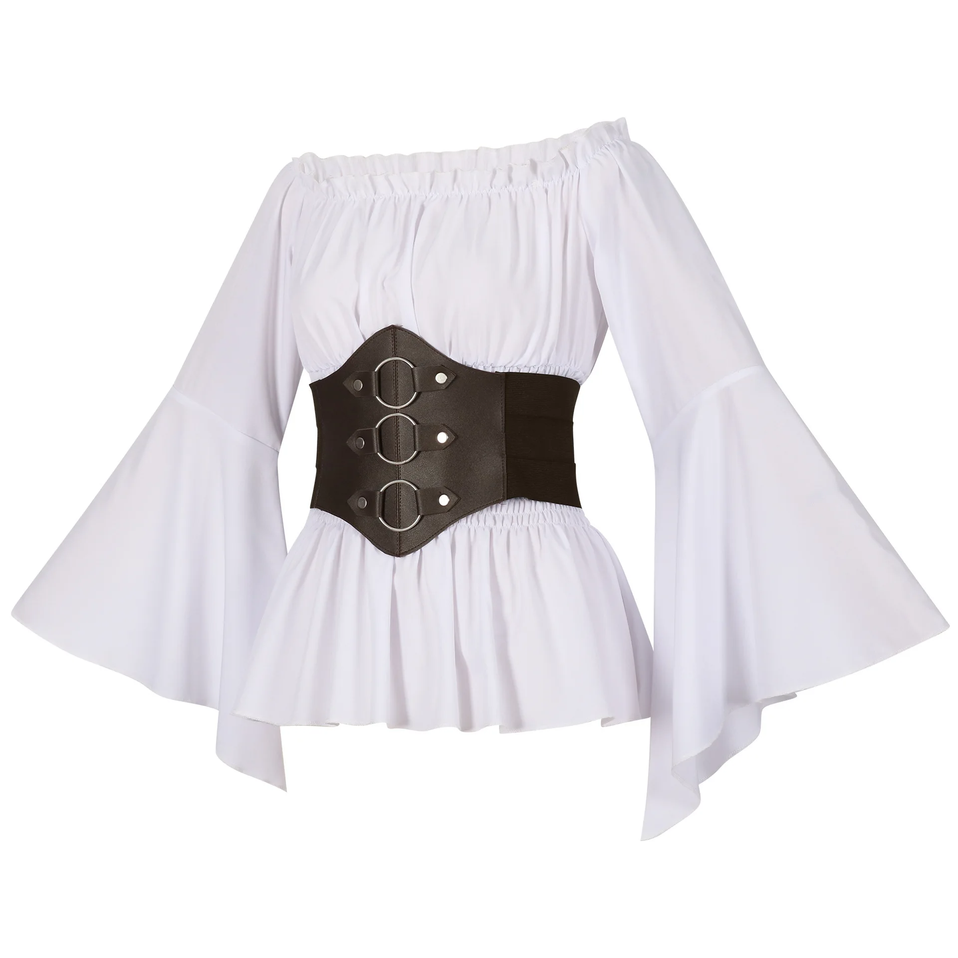 Medieval Victorian Pirate Shirt Off Shoulder Retro Casual Blouses Long Ruffled Sleeves Corset Tops Halloween Costume view 3