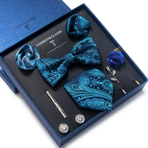 Imagen 1 del producto Corbata de alta calidad para hombre, corbata de Cachemira azul, cuadrados de bolsillo, conjunto de broche y gemelos, caja de corbata, accesorios de boda, regalos del Día de San Valentín