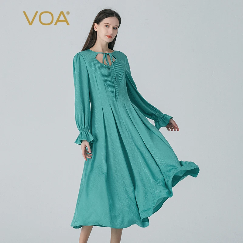 

100% Pure Mulberry Silk Jacquard Grain Aqua Blue V-neck with Belt Flare Long Sleeve Dresses Women Pleated Long Dress AE1891