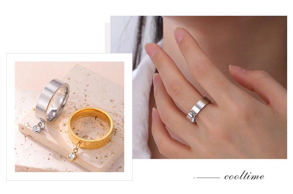 COOLTIME Mode Minimalistischen Frauen Ring Edelstahl Gold Farbe Mit Charme Zirkon Anhänger Ring Schmuck Hochzeit Geschenk – Detail 8