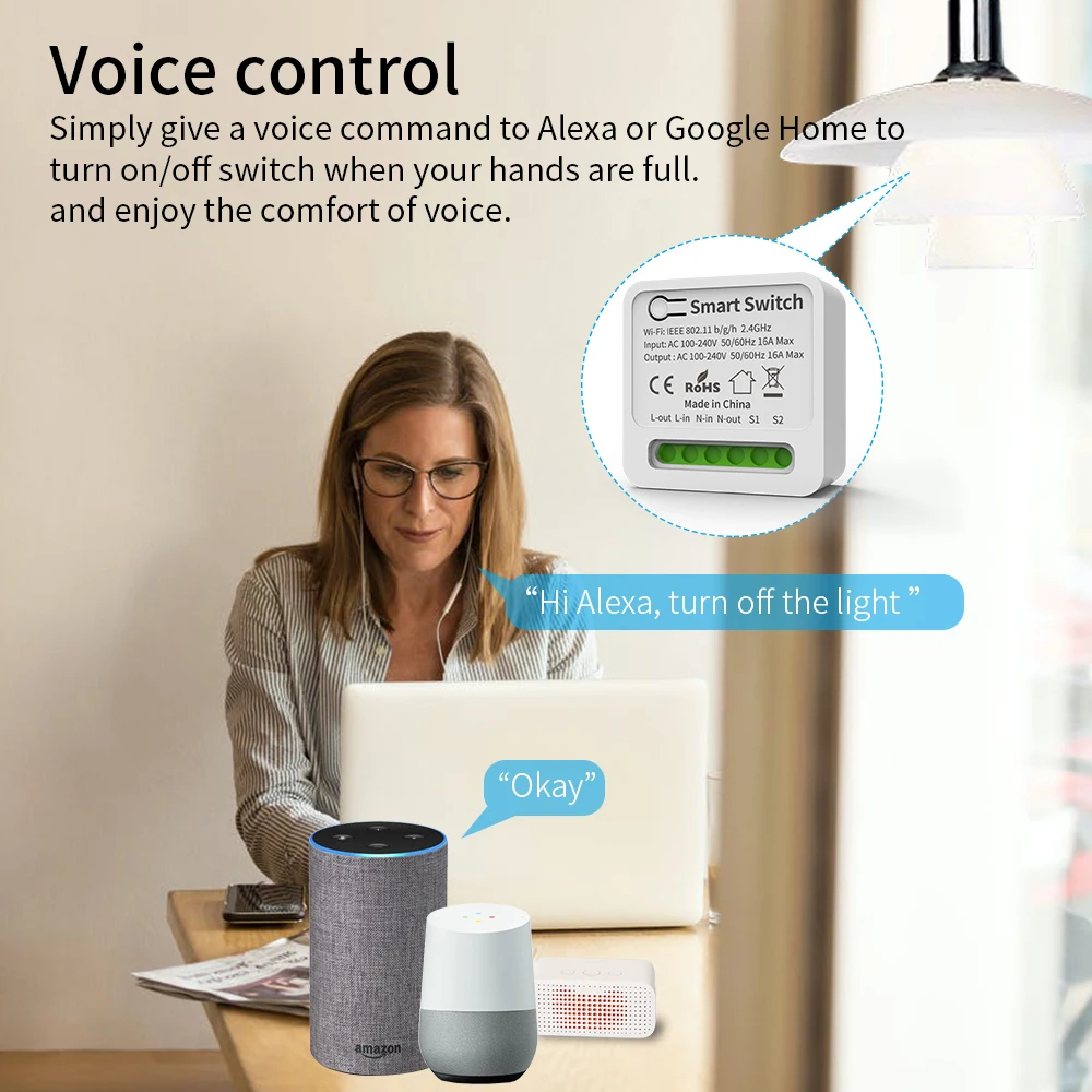 Smart WiFi Switch Support 2-Way DIY Switches Mini Smart Breaker Works With Smart Life Control Works With Alexa Google Alice