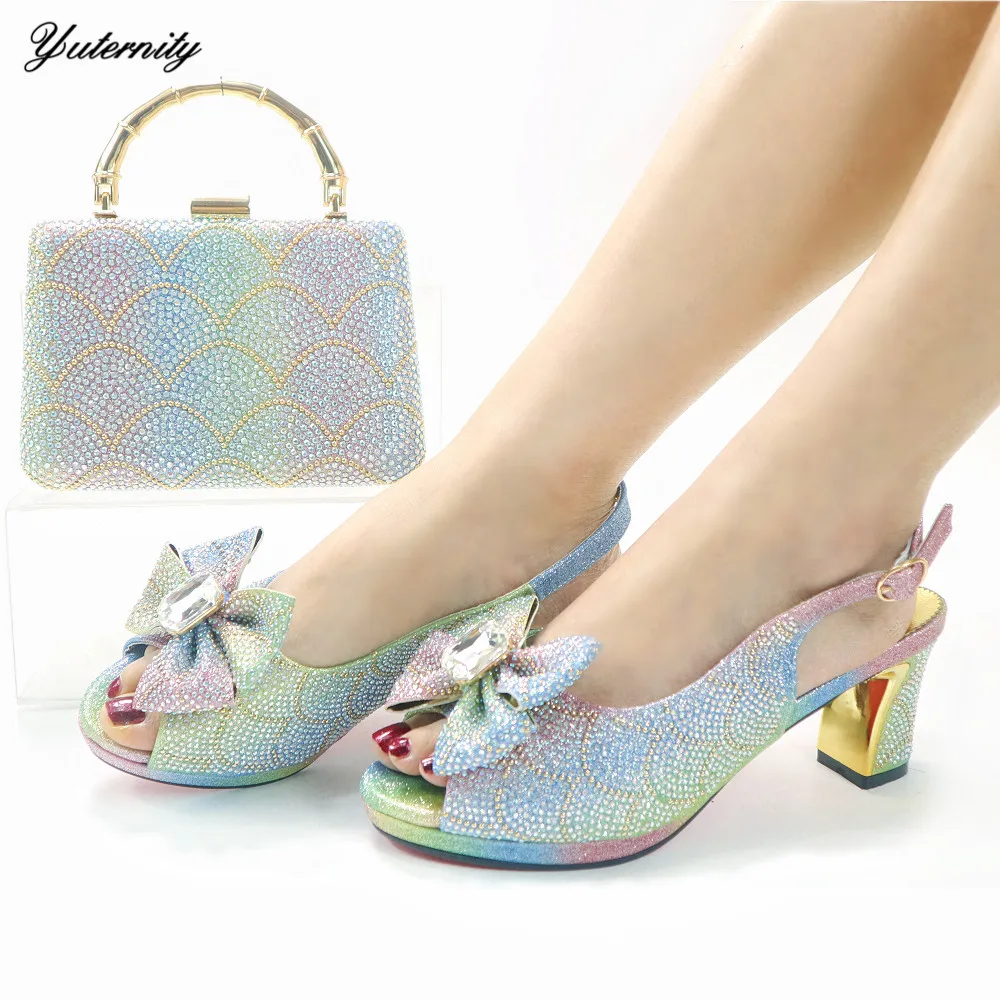 New Desig Rhinestone High Heels Women Shoes And Bag Set Latest Italian Elegant Emerald Green Sandal Shoes And Bag Set For Party