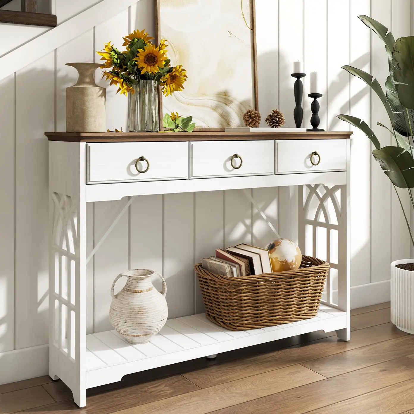 

43in Narrow Console Sofa Entryway Table with Drawers & Shelf Solid Wood Legs Rustic White Customized