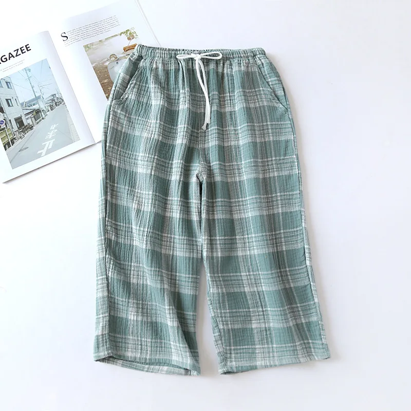 2024summer couple 100% cotton crepe cloth shorts multicolor large size loose plaid men\'s home pants cropped pants ladies bottoms