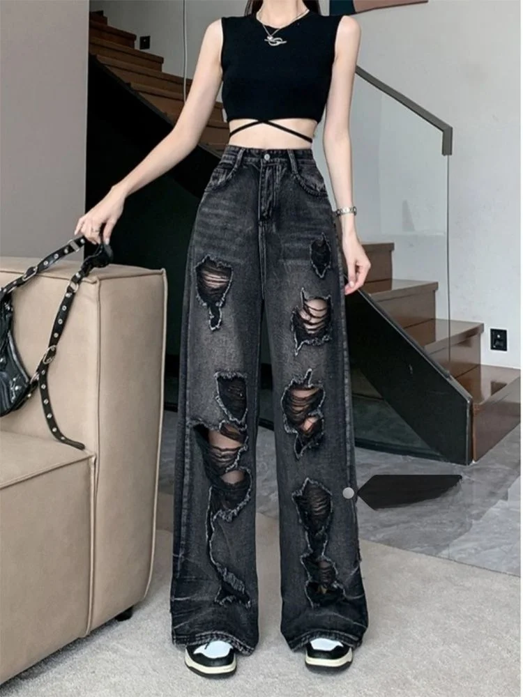 

Vintage Ripped Design plus Size Denim Jeans Women's Black Grey Summer New Style Hip Conceal Slim Wide Leg Trendy Pants