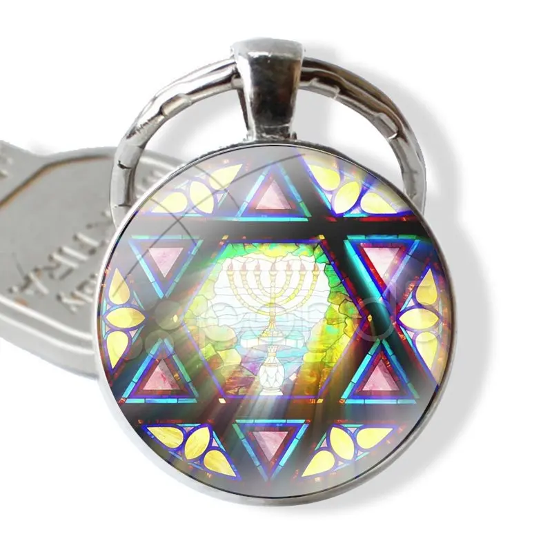 New Star of David Keychain Handmade Glass Cabochon Key Ring Holder Pendant Key Chains