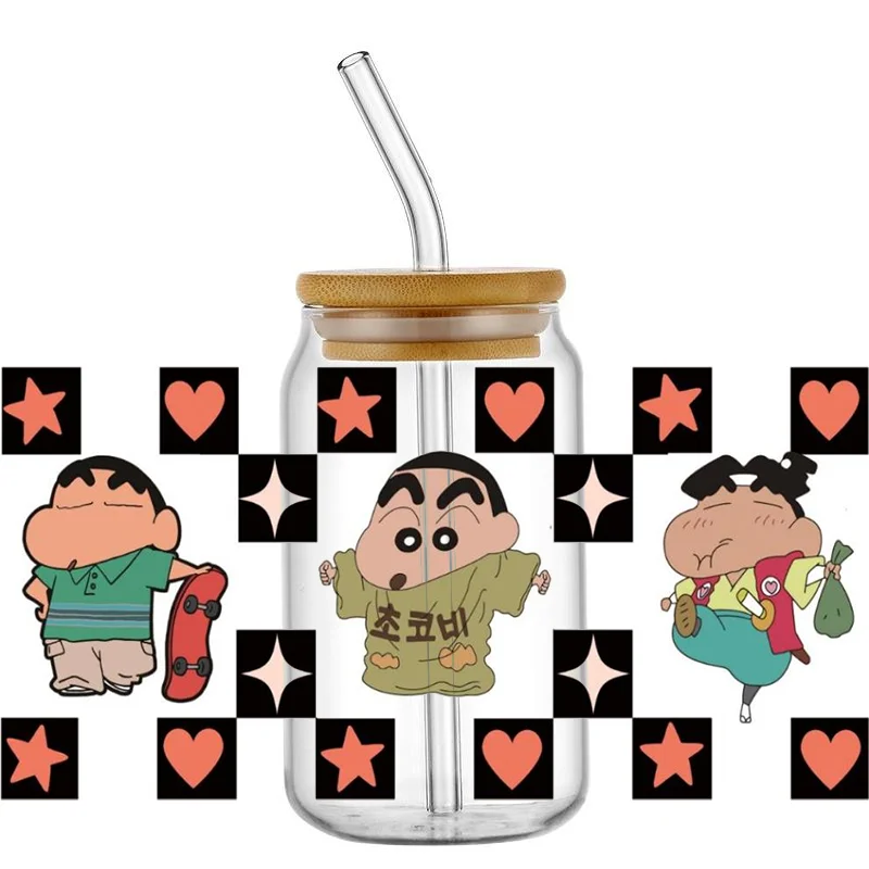 Miniso Japan cartoon crayon shin-chan Design High-Quality Wraps 16oz Glass Cup UV DTF Wrap Transfer Decals