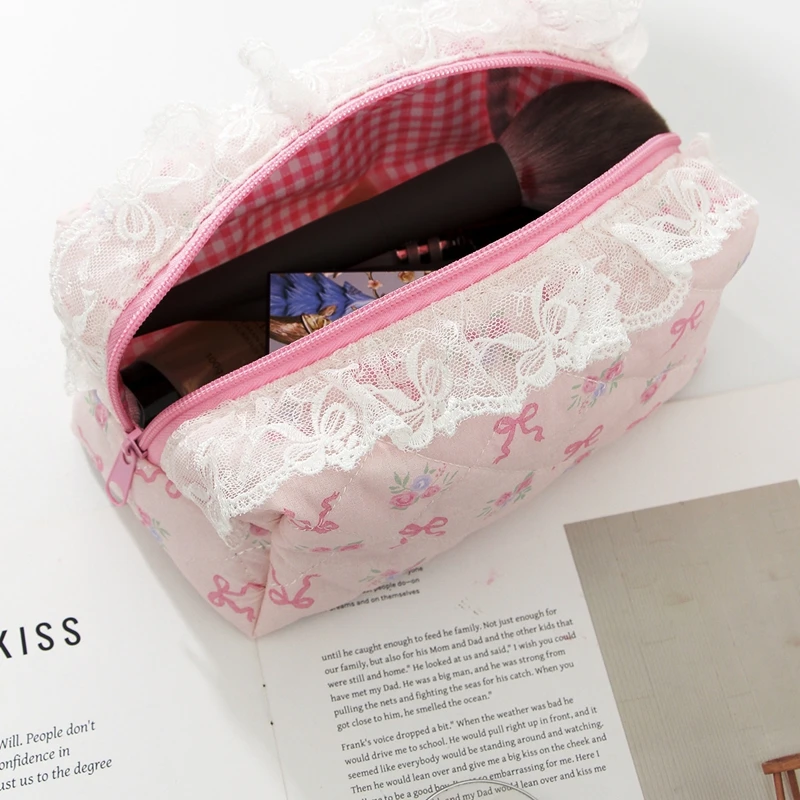 

Pink Flowered Women's Lace Small Makeup Bag For Travel Organizer Makeup Coin Handbag Cute Girl's Square Zipper Wallet Bag