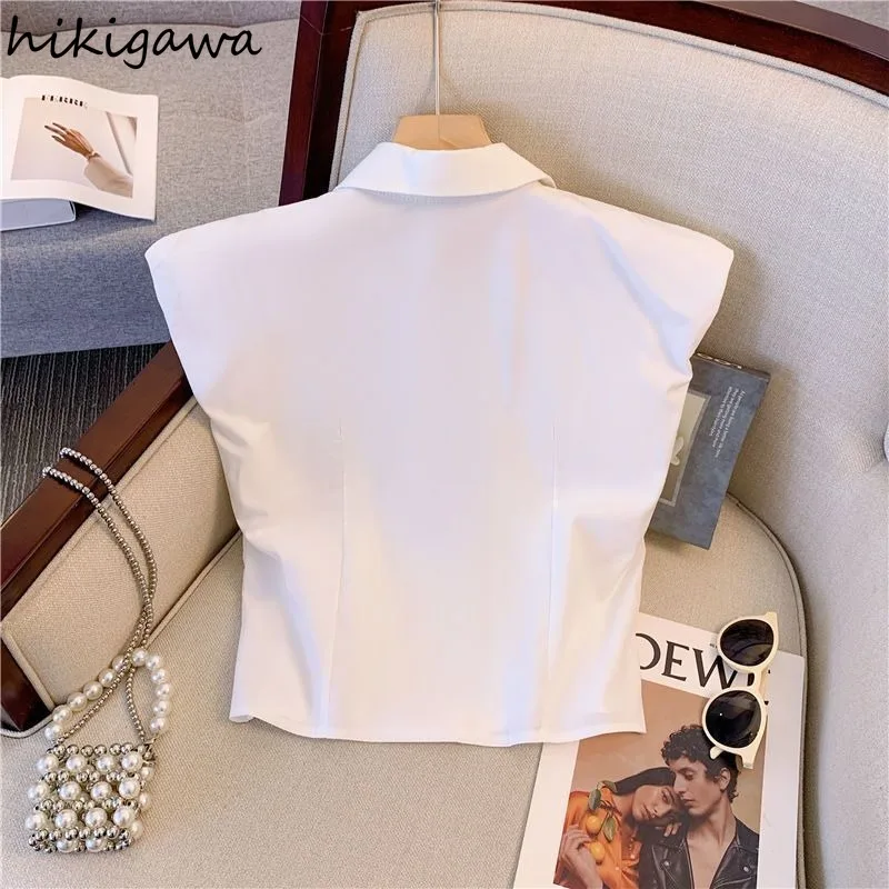 Camises De Mujer 2024 White Blouses for Women\'s Sleeveless Tunic V-neck Bow Crop Tops Korean Temperament Summer Blouse Shirts