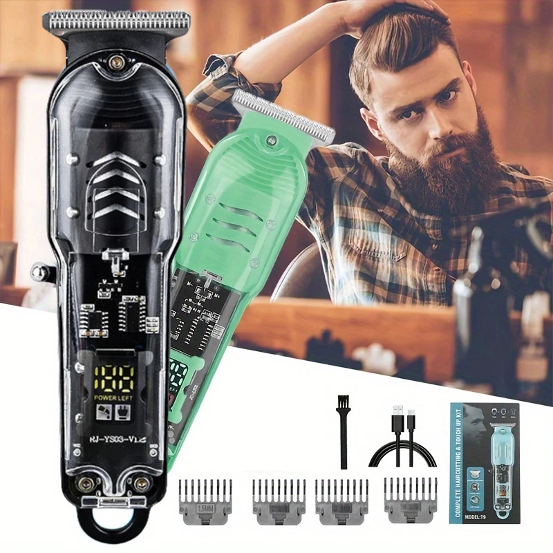 T9 Recarregável Hair Clippers para Homens, Transparente Clippers Profissionais, Aparadores Elétricos, Máquina de Corte de Cabelo