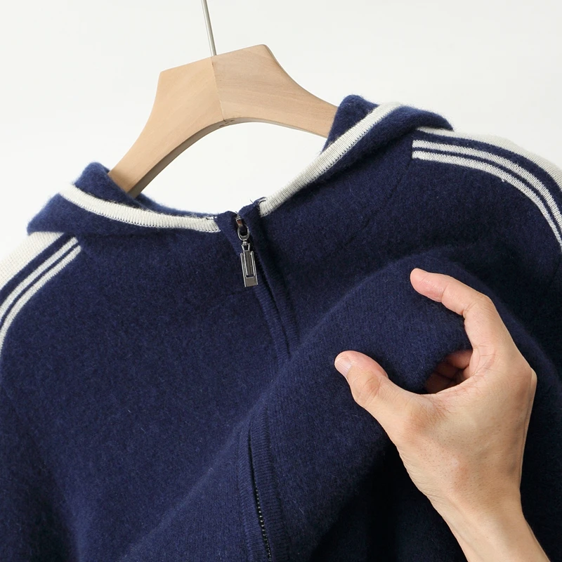 

Men's Hooded Zipper Cardigan 100% Merino Wool Knitted Sweater Casual Long Sleeved Sweater Autumn Winter Thick Warm Striped Jacke