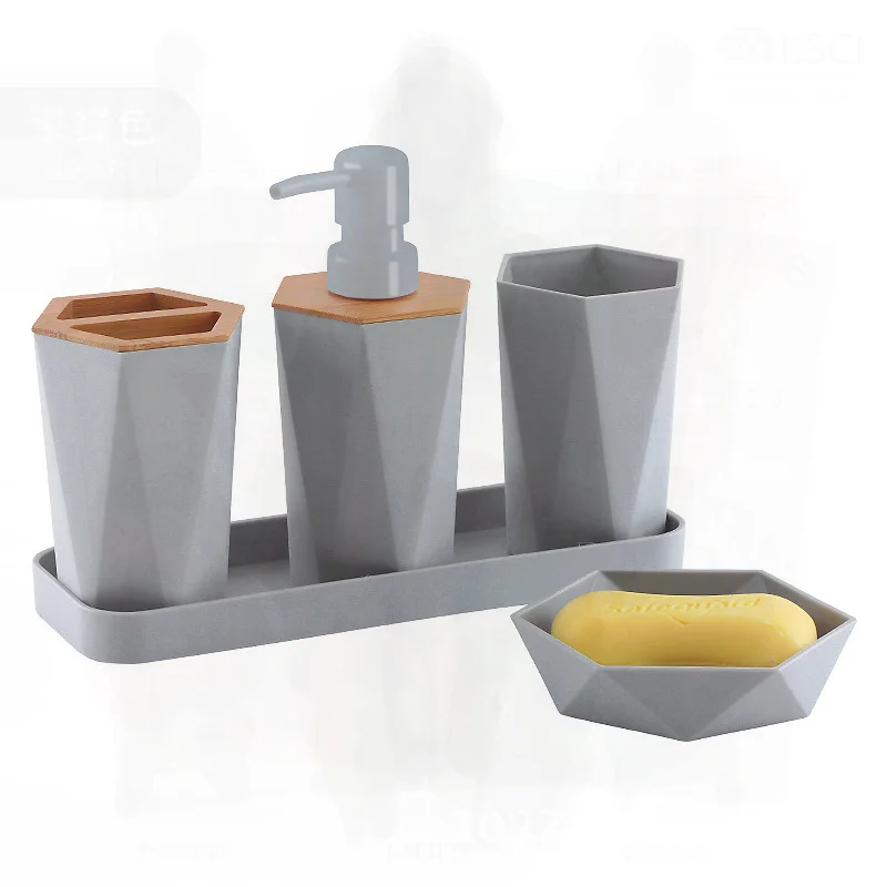 

Bamboo Bathroom Supplies Set Hotel B&B Wash Basin Ornaments including Toilet Brush Toothbrush Holder Trash Bin - Bathroom