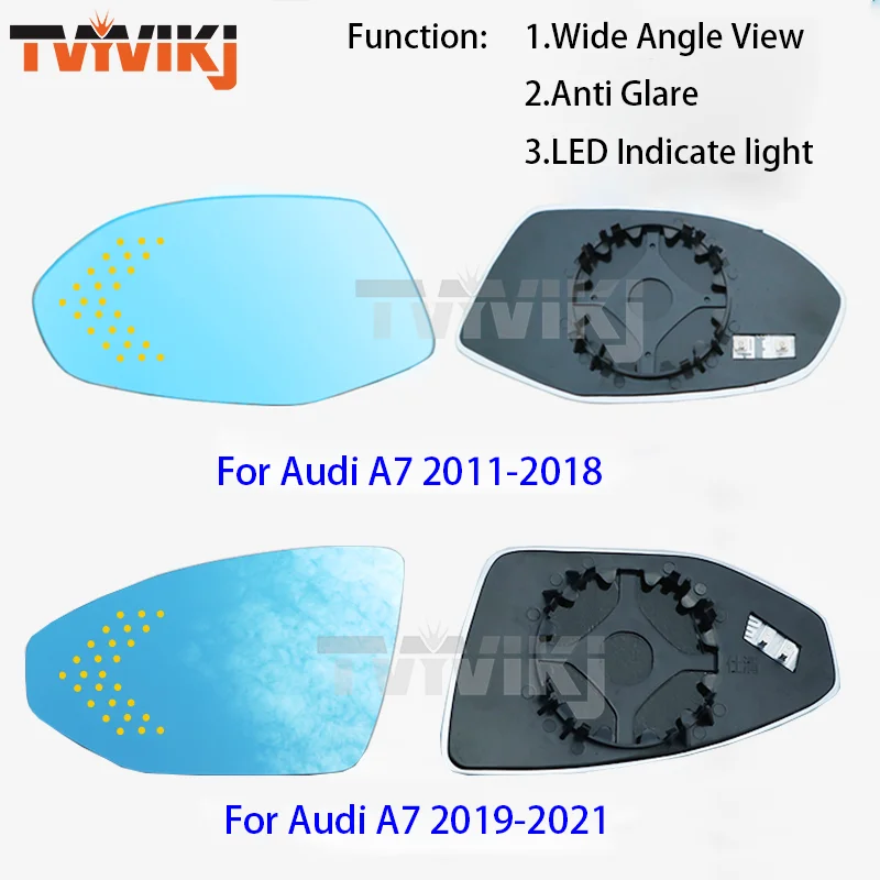 1 pair Side rearview mirror blue glass lens with LED indicator For Audi A7 A7L 2011-2021 wide angle View anti glare