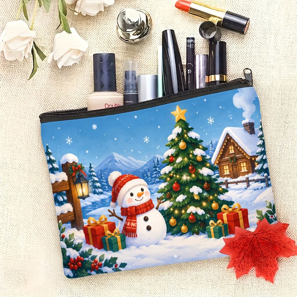 Christmas Snow Scene Makeup Bag Snowman Xmas Tree Cabin Gift Lantern Print Zipper Cosmetic Pouch Portable Storage Pouch Gift
