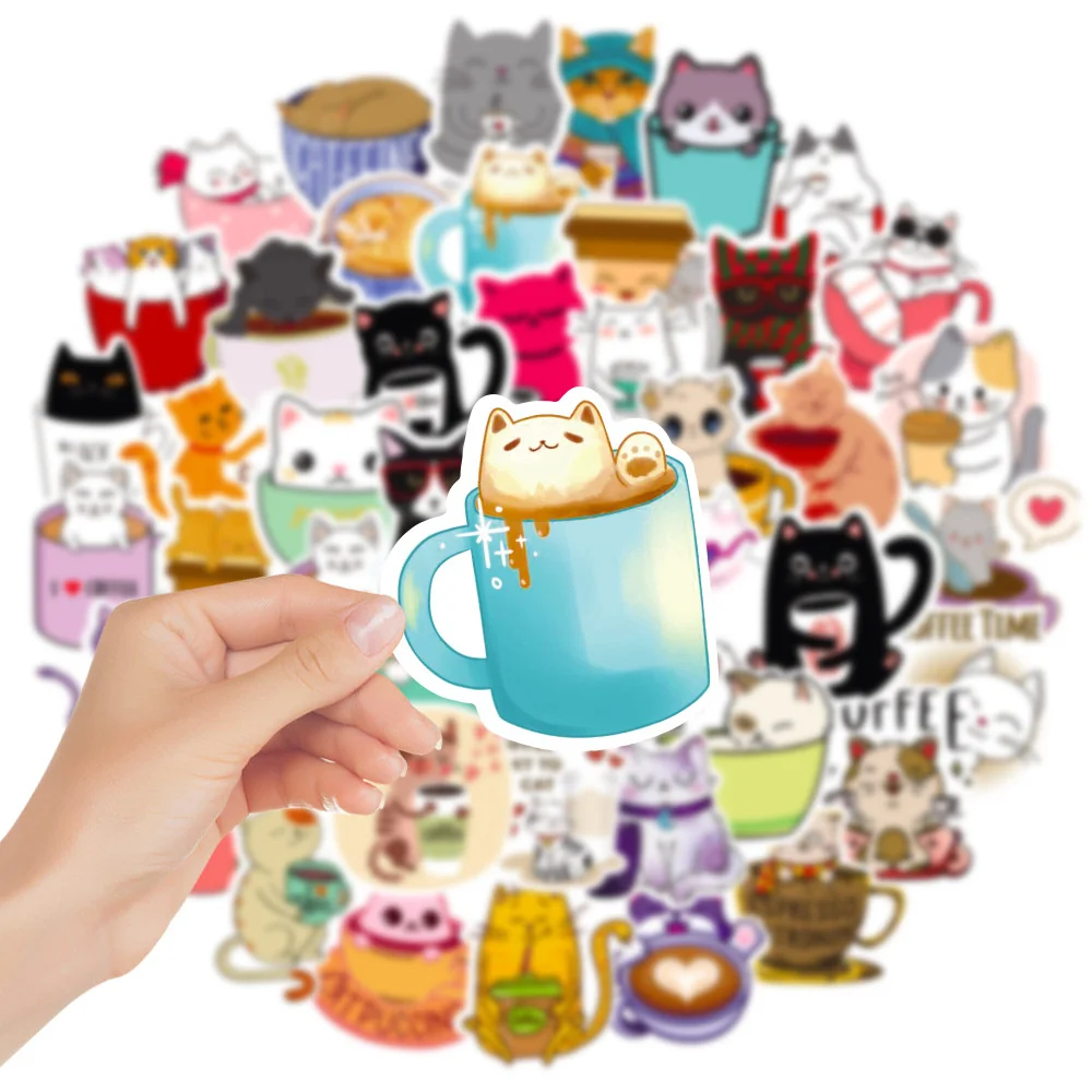 50 PCS Cartoon Hand-painted Cat Coffee Stickers Decals Laptop Mobile Phone Luggage Skateboard iPad Children\'s Toys Waterproof St