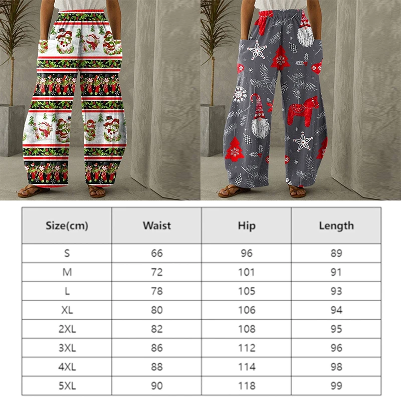 Unisex Christmas Digital Printing Pants Cartoon Fashion Loose Casual Big Pockets Wide Leg Pants Christmas Lantern Trousers