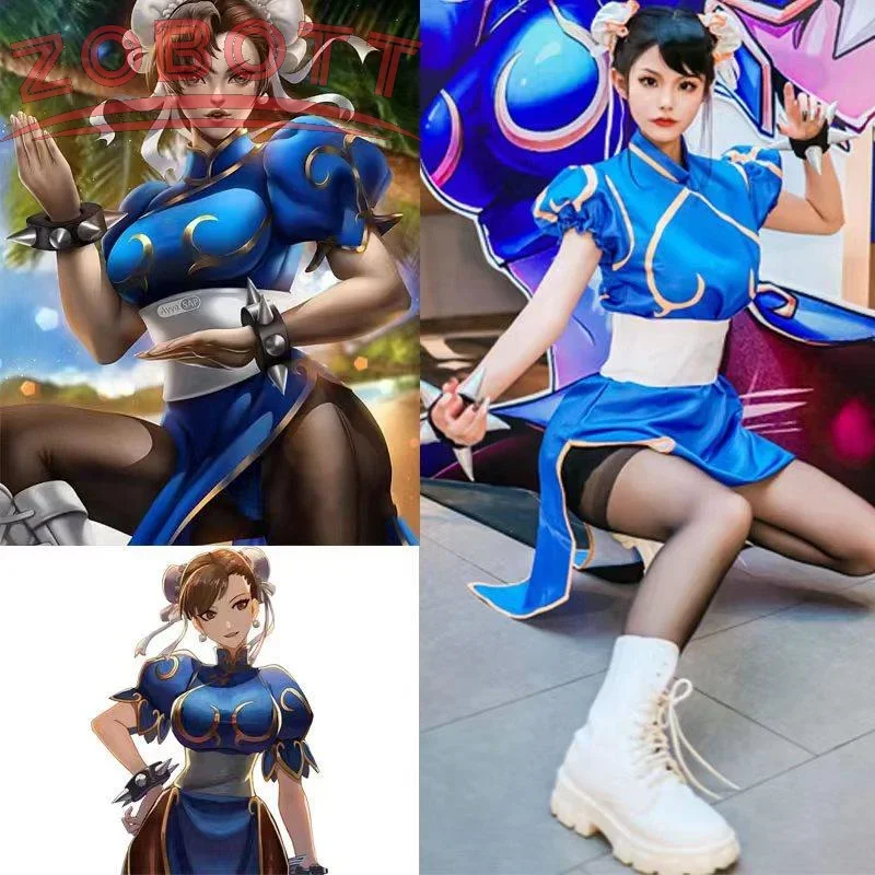 HN8 Chun Li Cosplay robe Costume jeu SF Chunli jeu de rôle bleu Qipao tenue ensemble complet Jackie Kung fu Halloween Costume de fête Fo) 4Dc