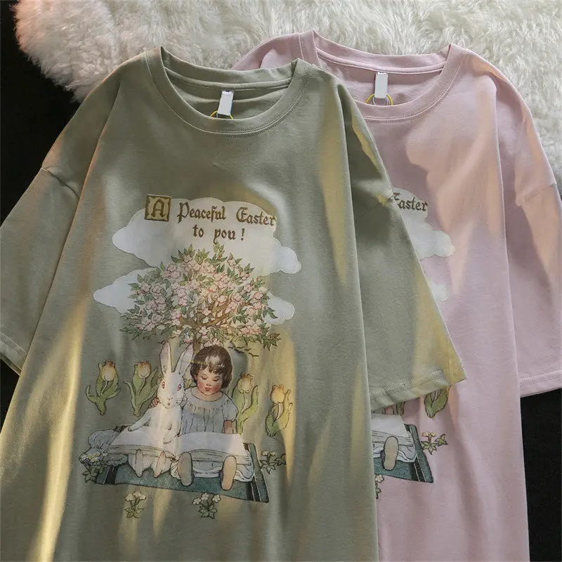 Camiseta de algodão para meninas, Tops rosa verde claro, roupa kawaii para adolescentes, menina coelho, alta qualidade, grande 2XL, verão 2022