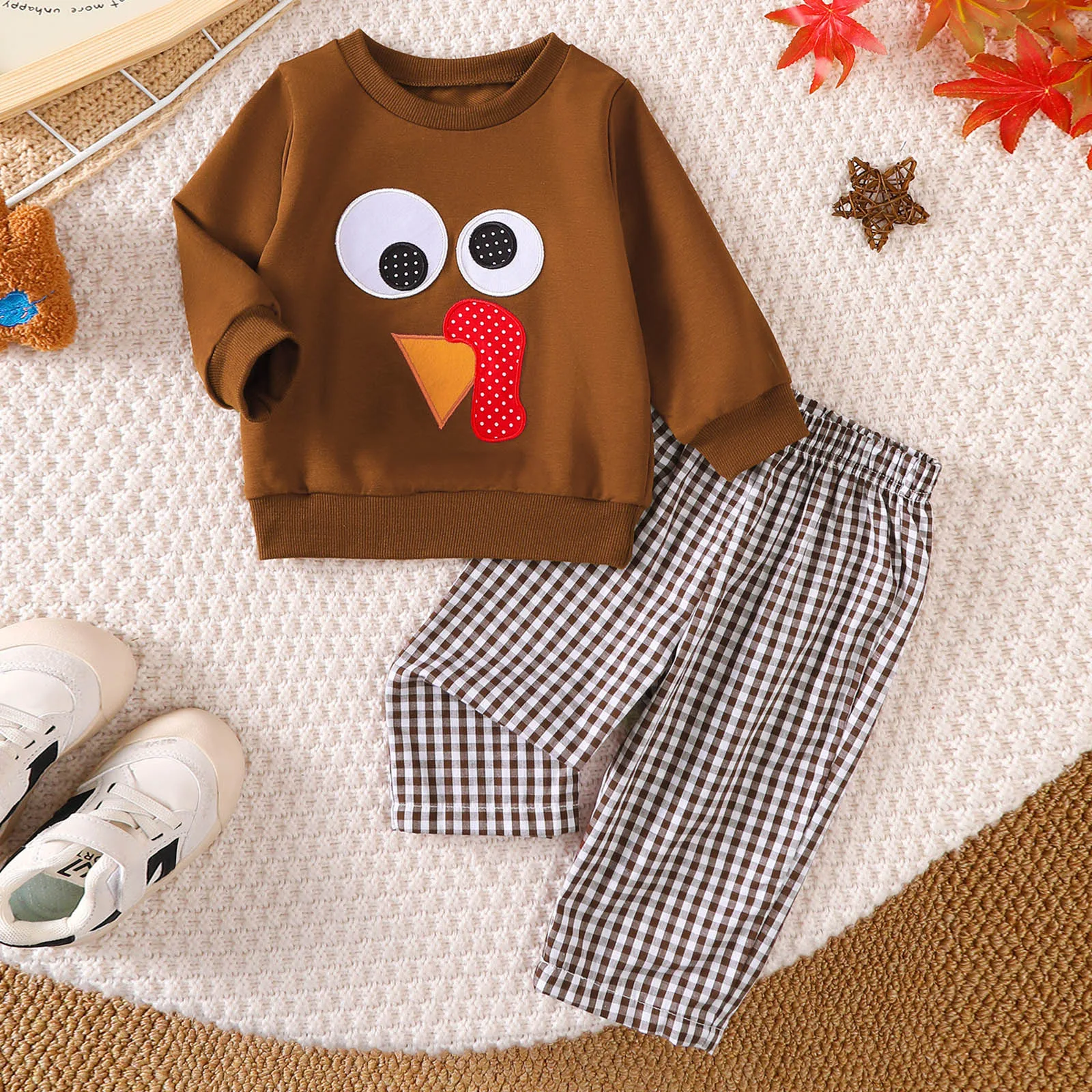 

Baby Boys And Girls Outfit Set Long Sleeve Turkey Printed Sweatshirt And Plaid Pants Two Piece Sets Toddlers Clothing Set
