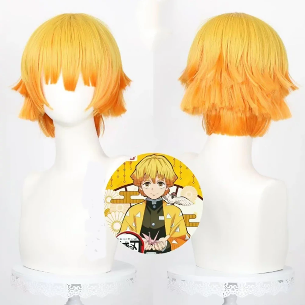 HAIRJOY Synthetic Hair Wig Zenitsu Wife Cosplay Wig Yellow Ombre Orange Curly Short Hair Wig Rose Net