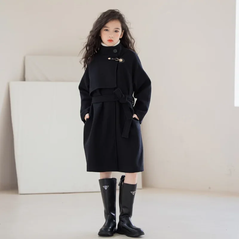 

Girls Winter Wool Coat Mid-length Double-faced Tweed Overcoat for Kids Fashion Black 10 12 14 Years Teenage Children Outerwear