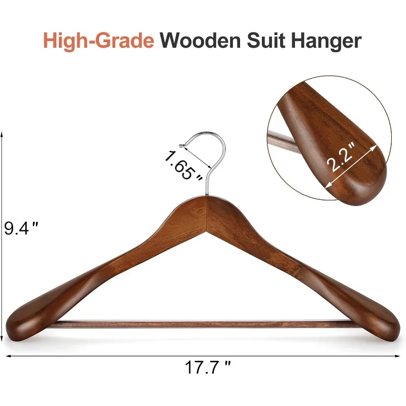 Wide Shoulder Wooden Hangers, Suit Hangers with Non Slip Pants Bar & 360° Swivel Hook, Solid Wood Heavy Duty Coat Hanger,10 Pack