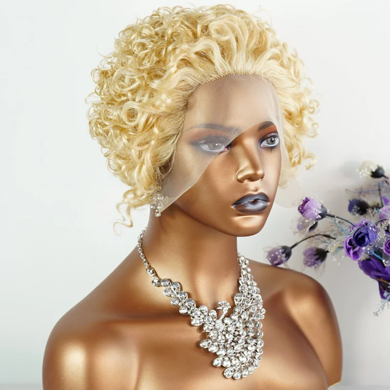 女性ショートピクシーカットブラックブロンドカーリーレースフロントウィッグ人毛ウィッグ