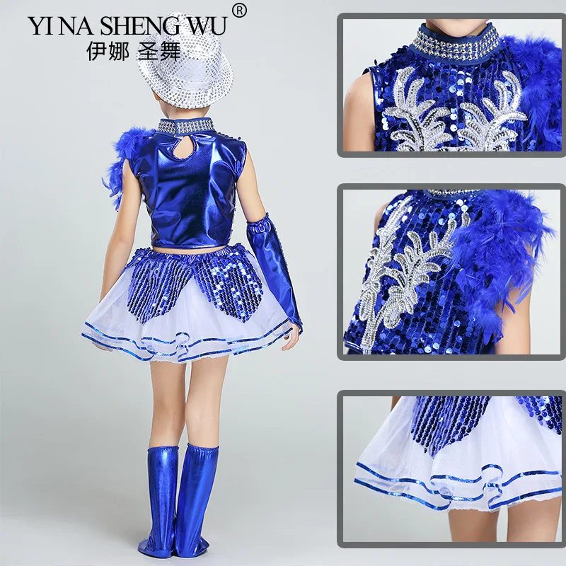 Kids Jazz Dance Costume Boys and Girls Blue Sequin Crop Top Suit Hip Hop Jazz Dance Performance Shirt Skirt Street Dance Wear
