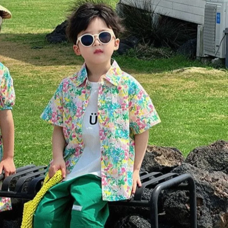 

Детская рубашка с коротким рукавом с цветочным принтом, тематический костюм для мальчиков на летние каникулы