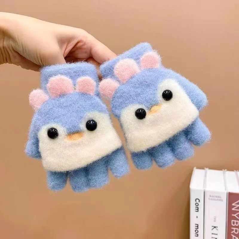 Christmas Penguin Winter Children's Gloves Cute Finger Baby Warm Half Finger Flip Cover for Boys Girls Mittens Gloves 2-6Years