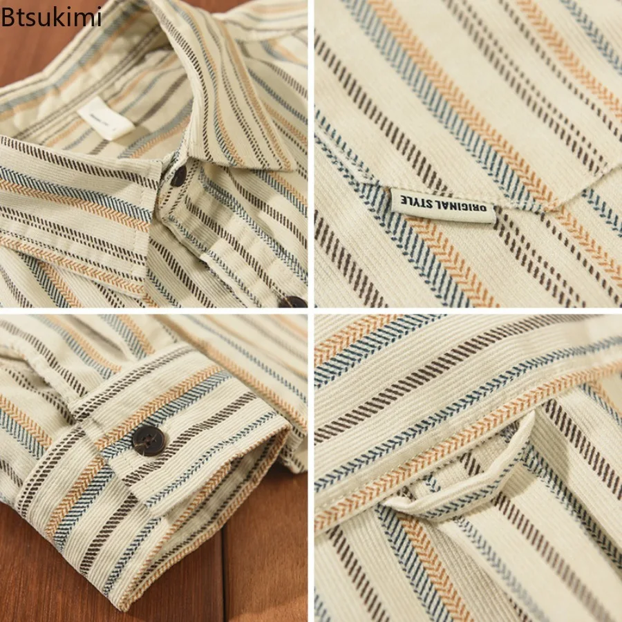 New Vintage Stripe Casual Men's Shirts Spring Autumn Fashion Streetwear Long Sleeve Single Breasted Loose Shirt Coats Youth Tops