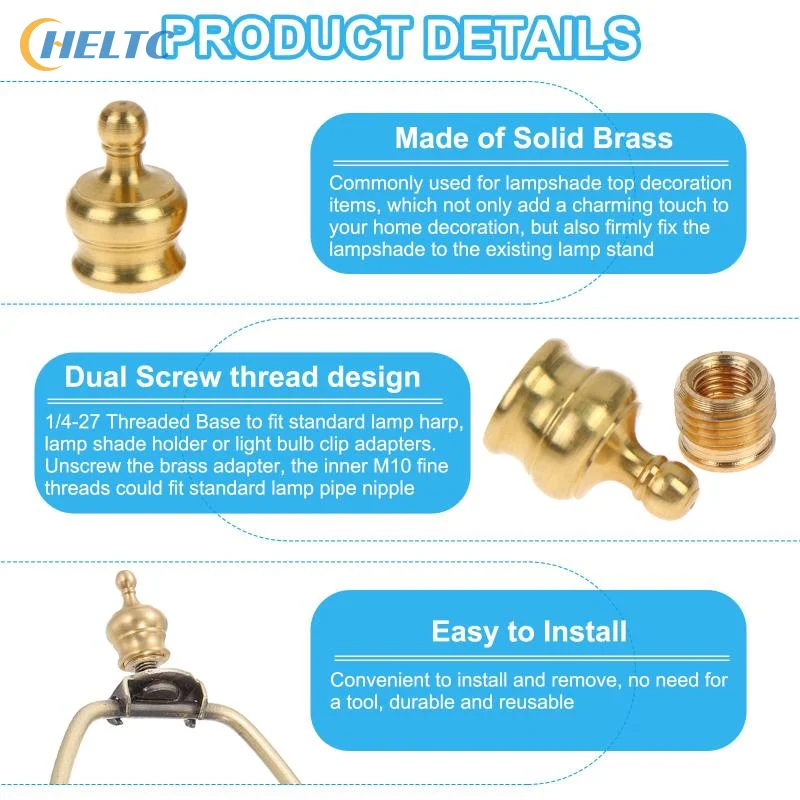 2Sets High Quality Gold Solid Brass Lamp Shade Top Decoration Screw Cap Nuts With Reducing Adapter For Table Lamps Floor Lamps