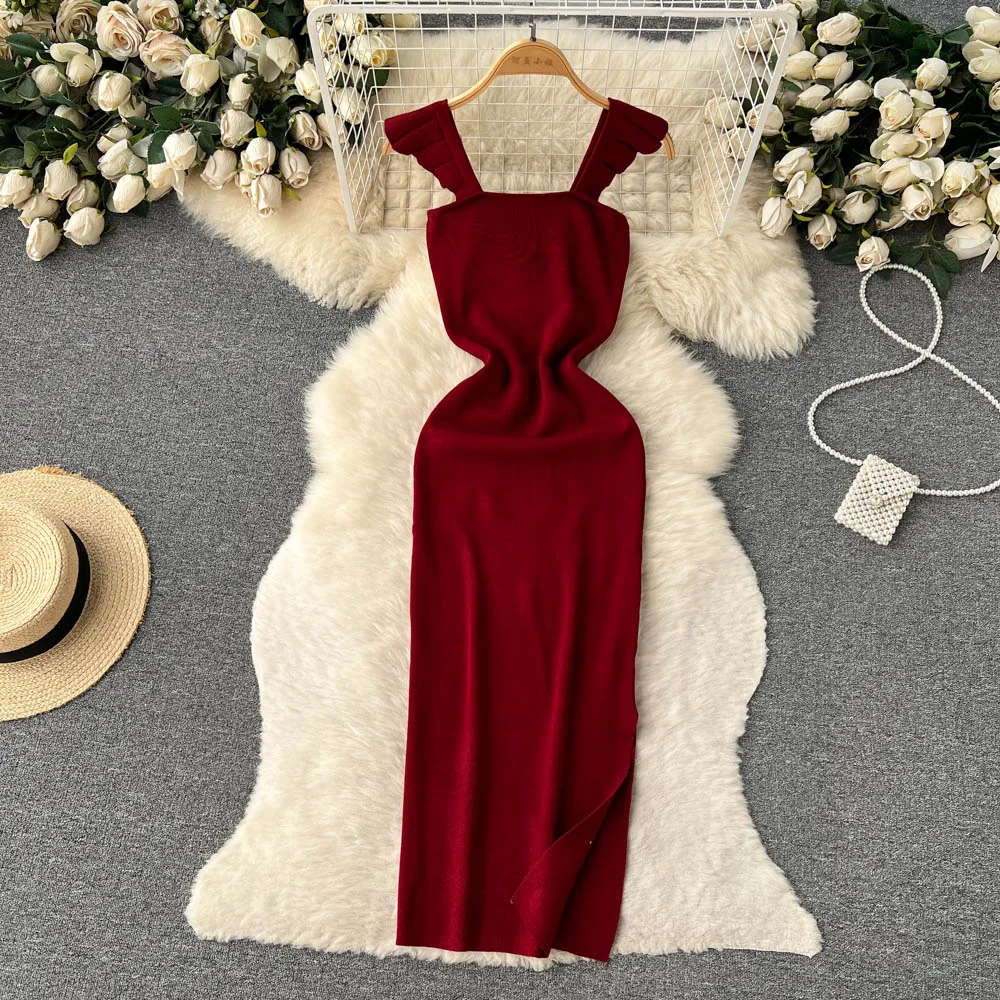 Elegant Ruffle Sleeveless Bodycone Knit Split Dress Chic Elastic Slim Fashion Party Sundress Women Basic Wrap Pencil Vestidos