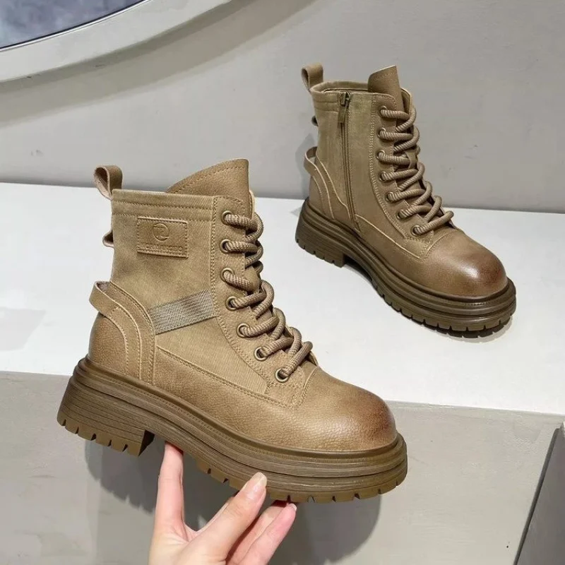 

Thick-Soled Chunky Heel Vintage Fashion Leather Boots for Women Versatile Side Zipper Short Motorcycle Yellow Boots