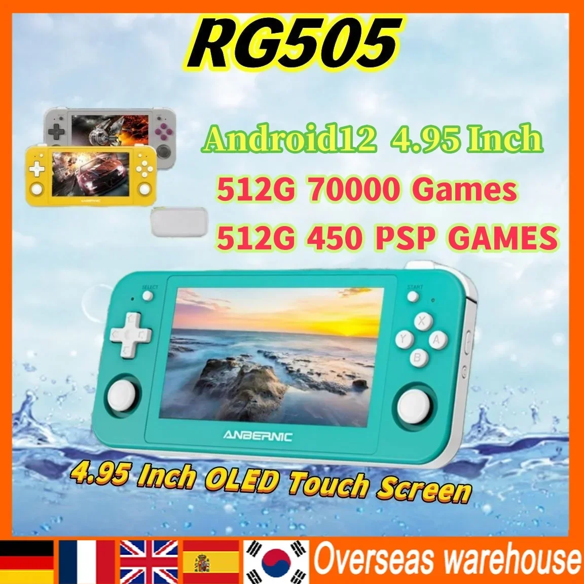 

ANBERNIC RG505 Handheld Retro Game Console Android12 4.95 Inch OLED Touch Screen T618 512G 70000 Game 450 PSPGames 480PS2 Game