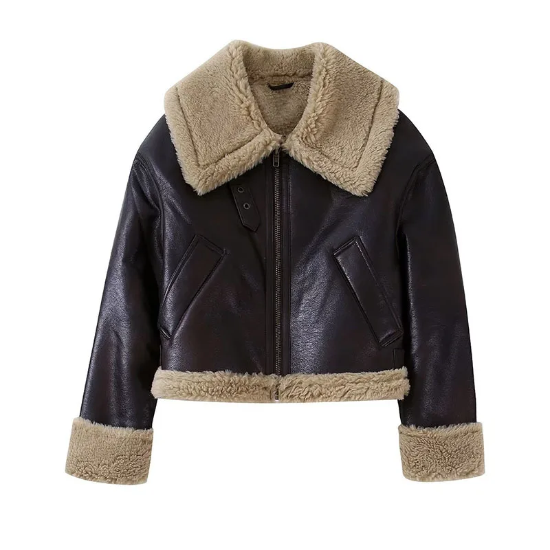 Winter Koreaanse Dikke Warme Faux Lamswol Leren Jas Vrouwen Korte Motorjas Beige Bruine Revers Lange Mouw Dames Outwear