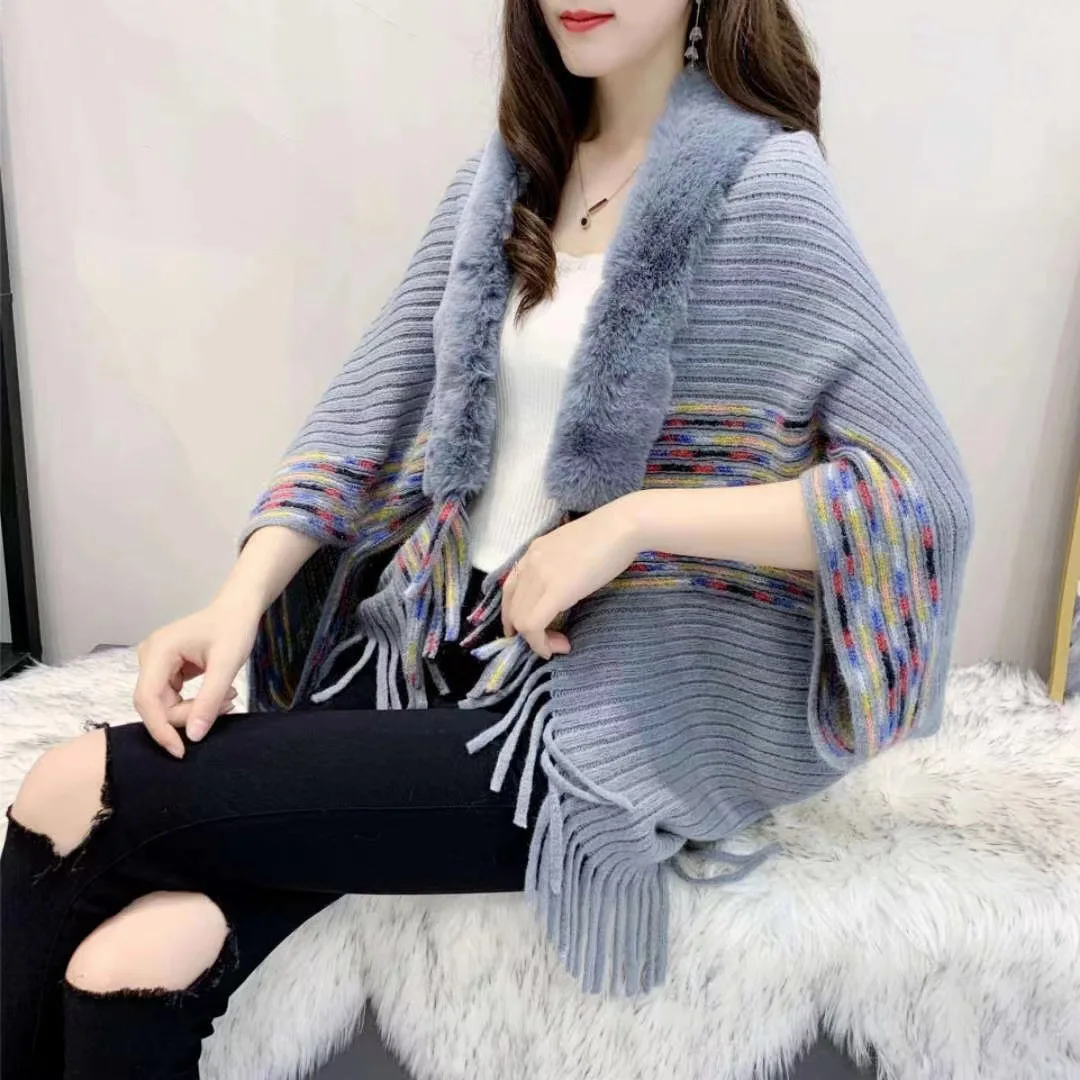 

Autumn Winter Imitation Wool Collar Tassel Knitted Cape Cardigan Coat Warm Poncho Lady Capes Gray Cloaks